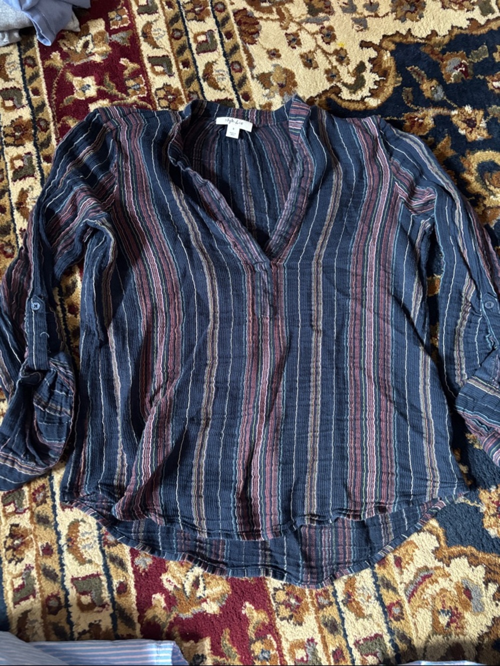 Style & Co. Striped V-Neck Long Sleeve Top - Navy and Rust